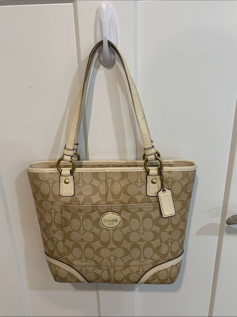 Coach Beige Signature Canvas Tote with Cream Trim Gold Hardware 1 Hangtag